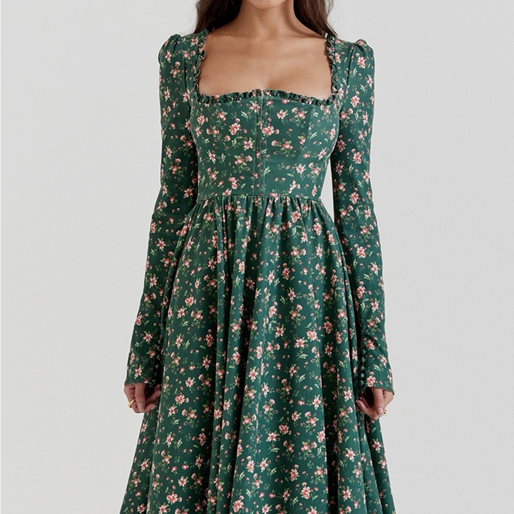 House of CB Green Floral Long Sleeve Dress